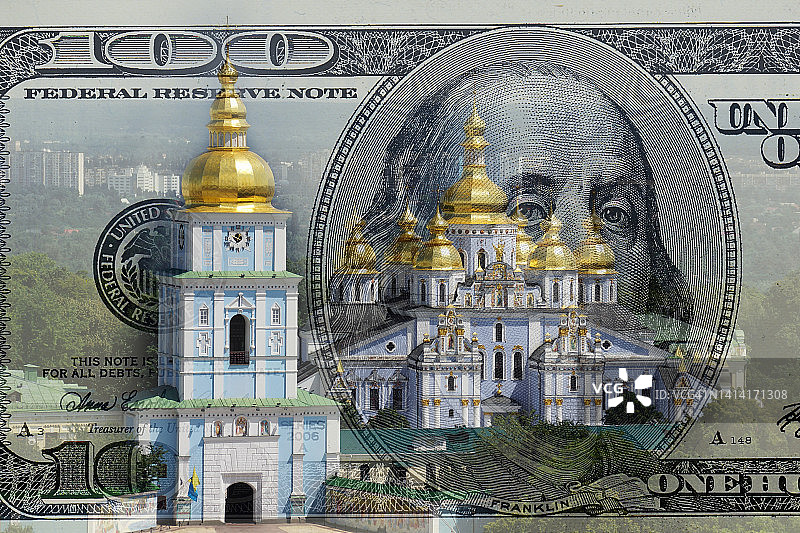 基辅圣米迦勒金顶大教堂与100美元钞票的背景图片素材