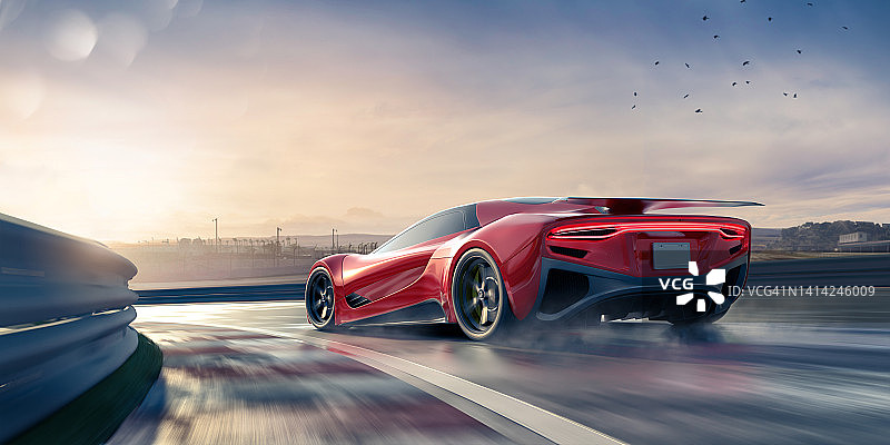 在潮湿赛道上快速转弯的通用红色电动跑车图片素材