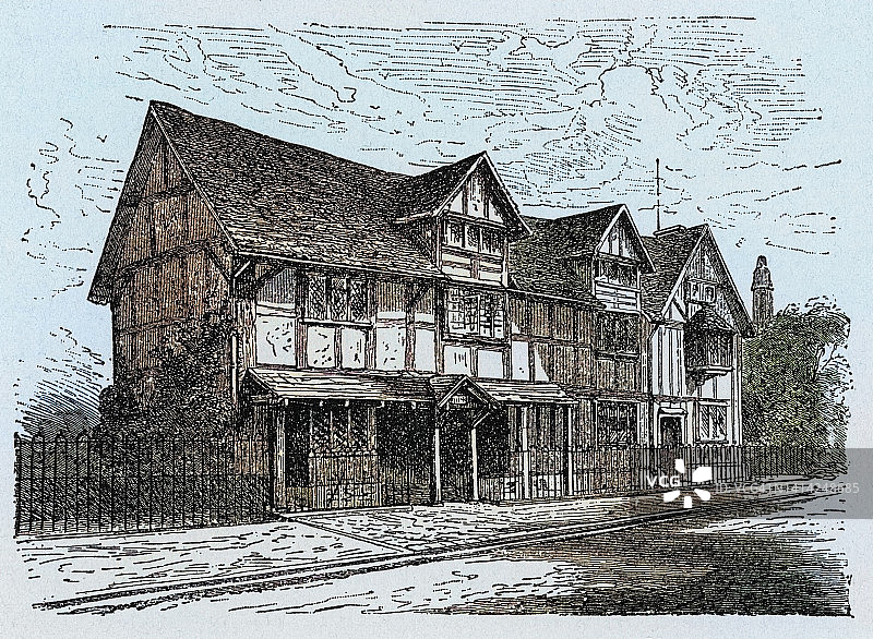 英国沃里克郡斯特拉特福威廉·莎士比亚故居古老版画图片素材