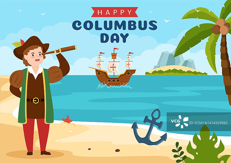 哥伦布日主题卡通插画（含海浪、指南针、船和美国国旗的扁平风背景）图片素材