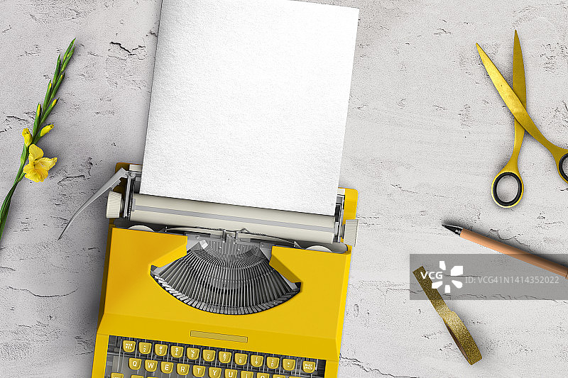 70年代打字机俯视图，带空白纸张（灰色背景）图片素材