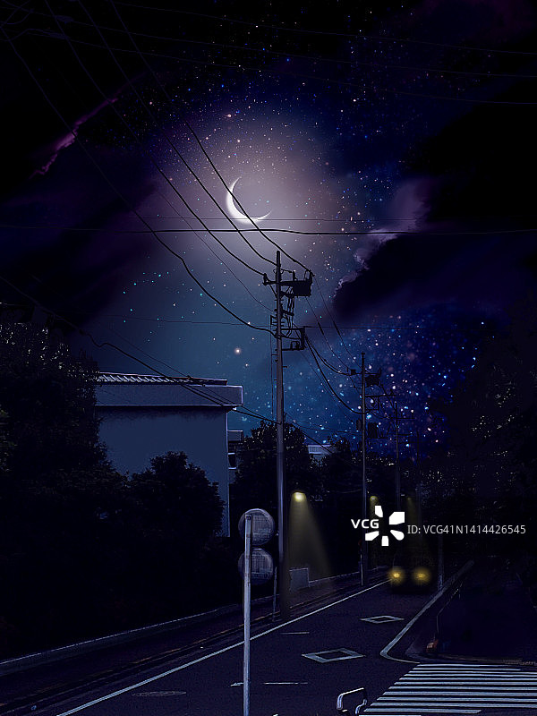 动漫风格的日本住宅区风景和夜晚天空中闪耀的月亮剪贴画图片素材
