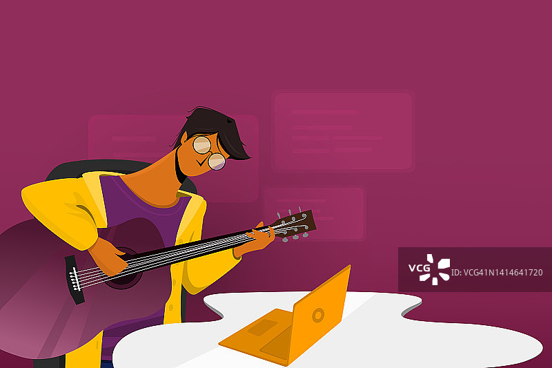 一个男人通过无线技术在家中使用笔记本电脑练习吉他，在线学习音乐图片素材