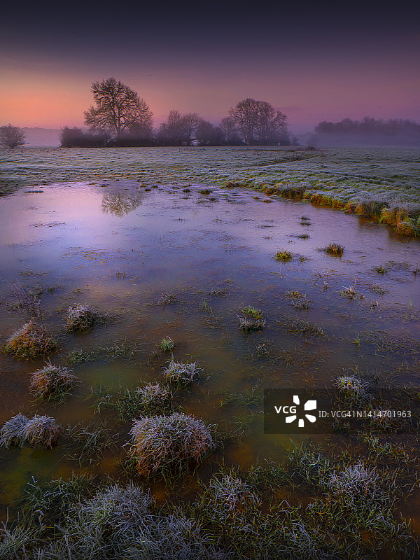 英国多塞特郡温伯恩明斯特附近，黎明时分的斯陶尔河水草甸图片素材