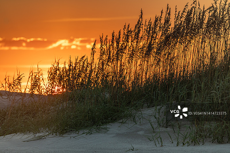 南卡罗来纳州波利斯岛沙丘后的日落图片素材