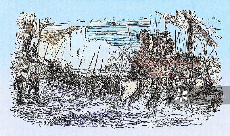 莱夫·埃里克森在文兰海岸的古版画插图图片素材