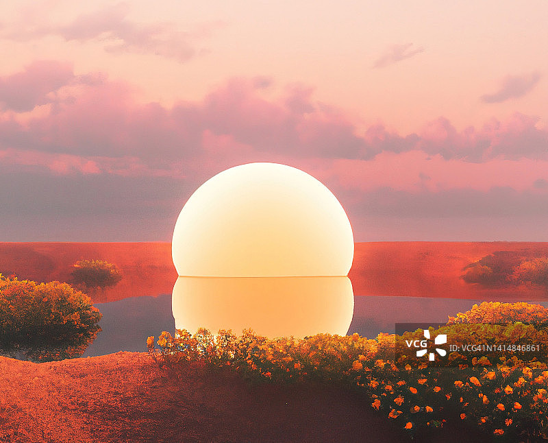 光球日落天空超现实景观3D渲染图片素材