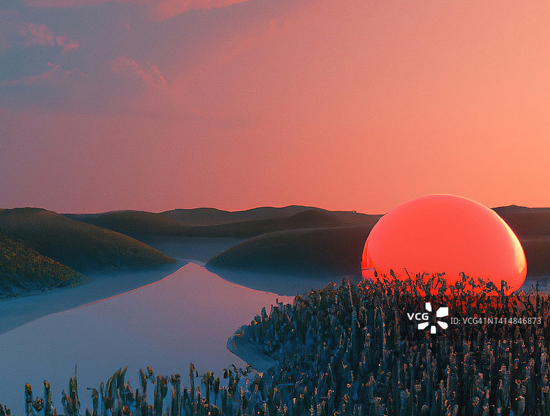 光球日落天空超现实景观3D渲染图片素材