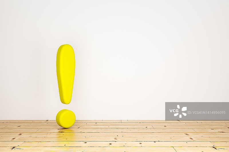 3D渲染：木地板和白墙背景下的黄色感叹号图片素材