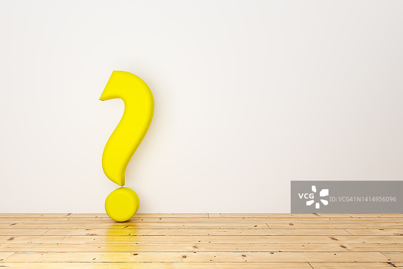 木地板和白墙背景下的黄色问号3D渲染图片素材