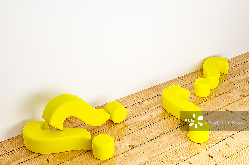 木地板和白墙背景下的黄色问号3D渲染图片素材