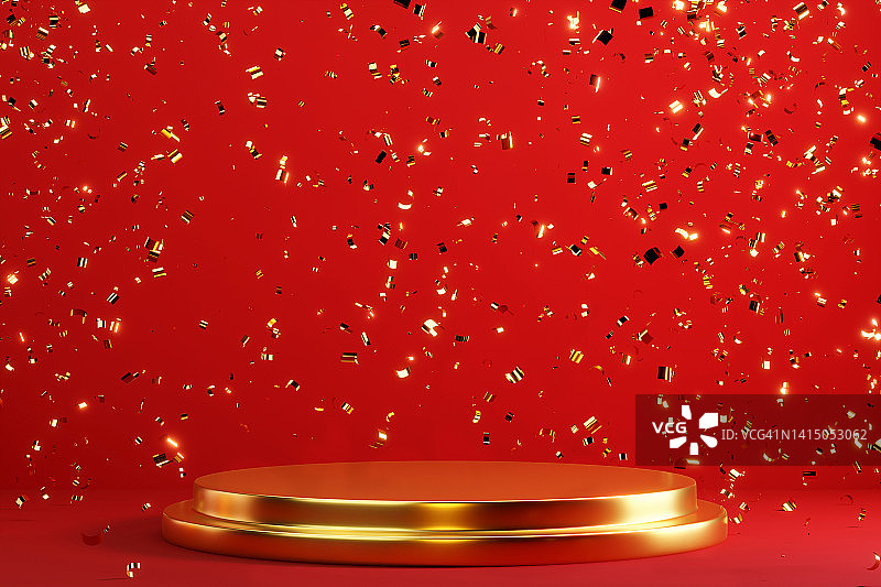 红色背景上带金色五彩纸屑的金色讲台图片素材