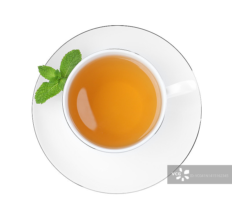 白色背景下的薄荷香茶，俯视图片素材