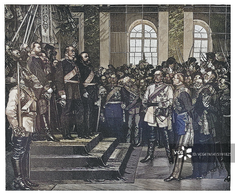 1871年1月18日凡尔赛宫德意志帝国宣告成立古版画图片素材