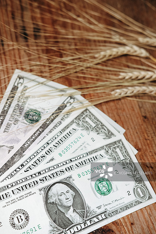 麦穗背景下的1美元和5美元纸币，在木桌上图片素材