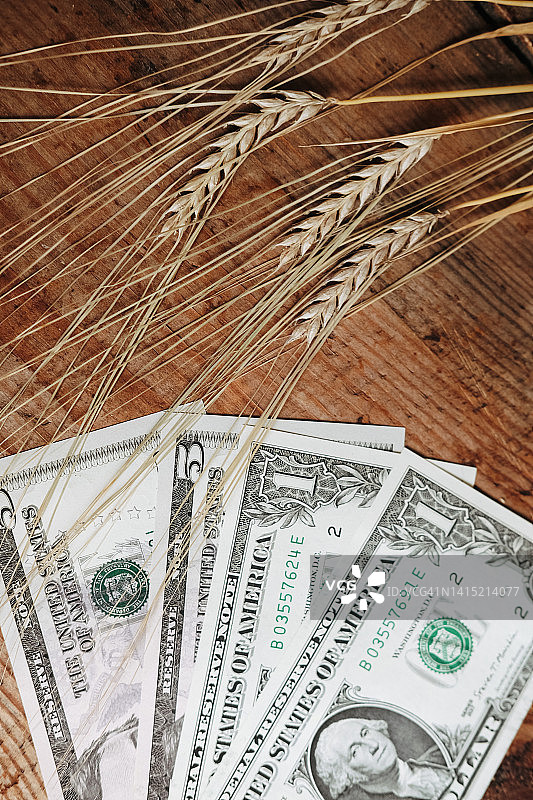 麦穗背景下的1美元和5美元纸币，在木桌上图片素材