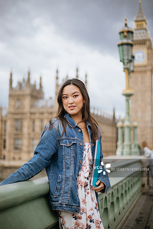 在伦敦的快乐亚洲女学生图片素材