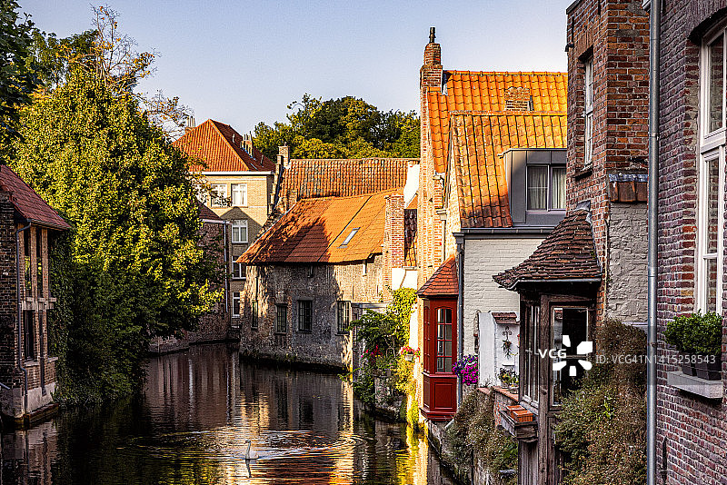 中世纪房屋环绕的运河，位于比利时西弗兰德省布鲁日图片素材