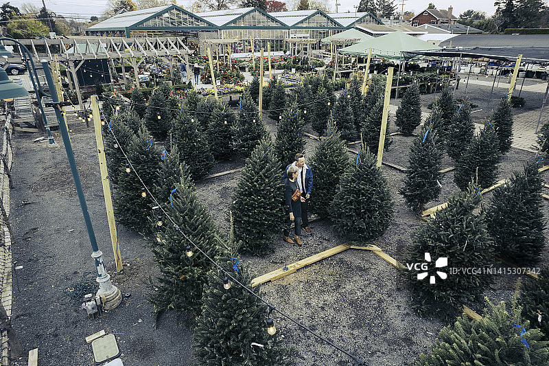 情侣在圣诞树农场散步俯视图图片素材