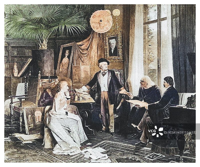 理查德·瓦格纳与女儿科西玛和弗朗茨·李斯特在拜罗伊特的古老雕刻插图（威廉·贝克曼，1880年）图片素材