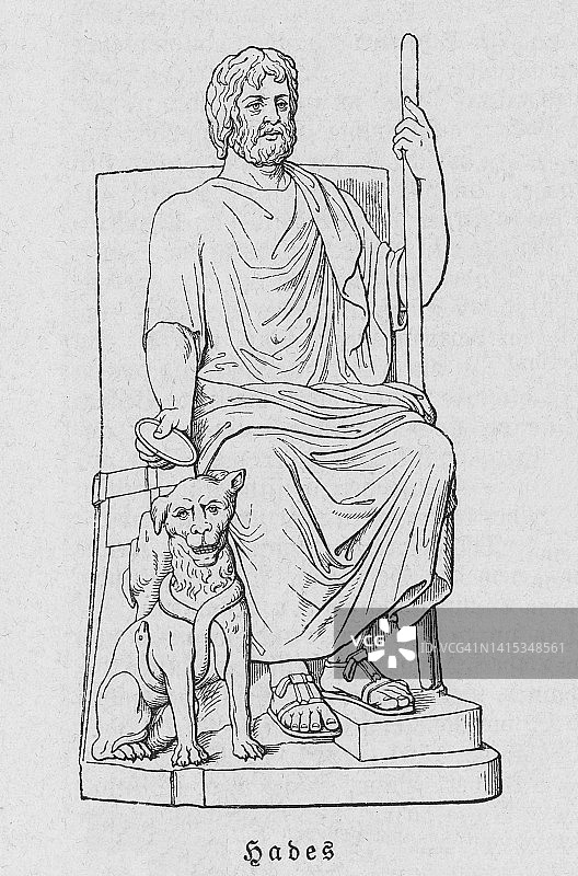 希腊神话：哈迪斯与刻耳柏洛斯古老雕刻插图图片素材