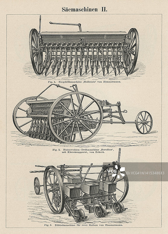 农业工具-播种机，老式农具的老式雕刻插图图片素材