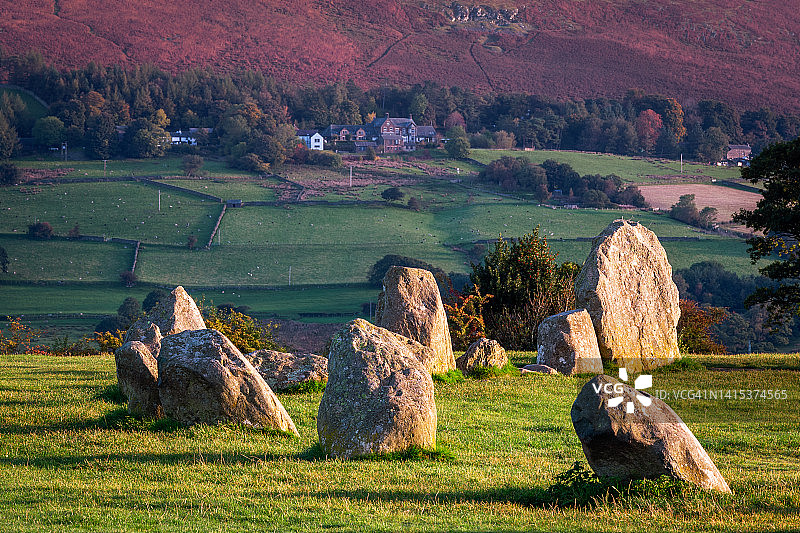 凯瑟里格石圈的清晨特写，英国坎布里亚湖区图片素材