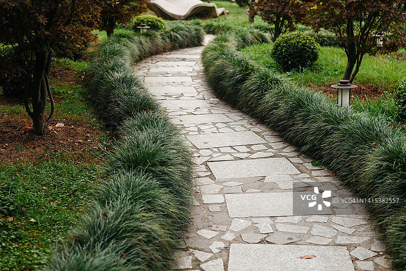 花园里装饰着绿草的石板路或人行道图片素材