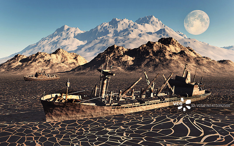 搁浅在干涸海床上的船只图片素材