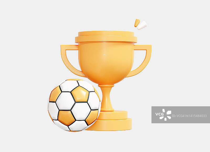 3D奖杯和足球，一等奖，足球比赛和金色奖励，卡通创意设计图片素材