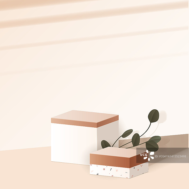 棕色简约背景和水磨石纹理高级展示台，用于产品品牌和包装展示，带树叶阴影的矢量摄影棚图片素材