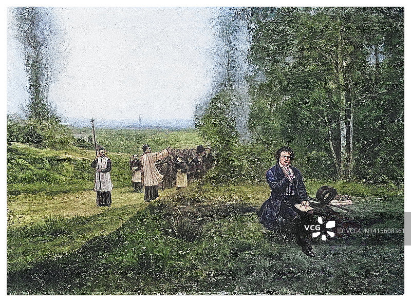 路德维希·凡·贝多芬轶事：失聪的作曲家听不到宗教游行老式雕刻插图图片素材