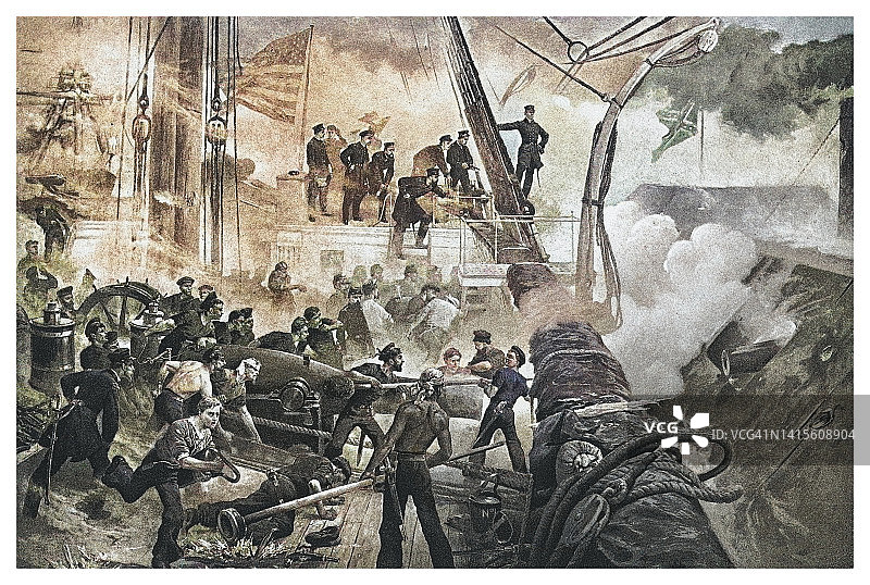 莫比尔湾战役中大卫·格拉斯哥·法拉格特海军上将的古老雕刻插图图片素材