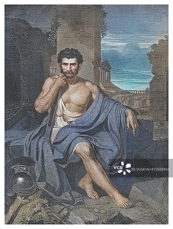 盖乌斯·马略流亡北非，在迦太基遗址中沉思的古老雕刻插图图片素材