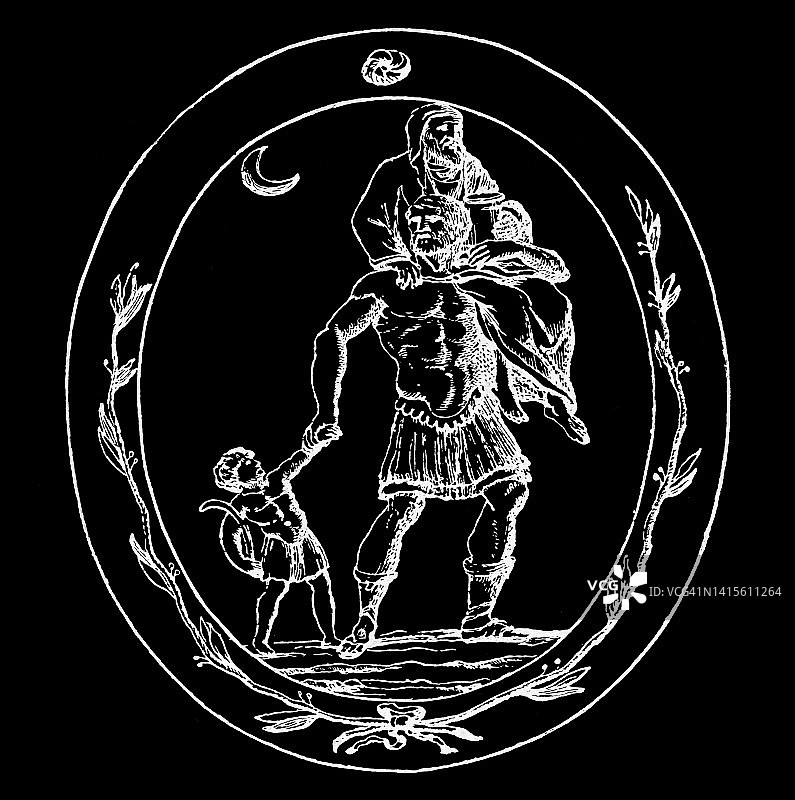 埃涅阿斯背着他的父亲安喀塞斯逃离燃烧的特洛伊古版画图片素材