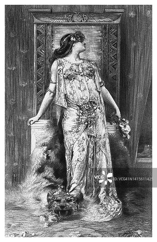 法国舞台剧演员莎拉·伯恩哈特扮演的埃及艳后肖像图片素材