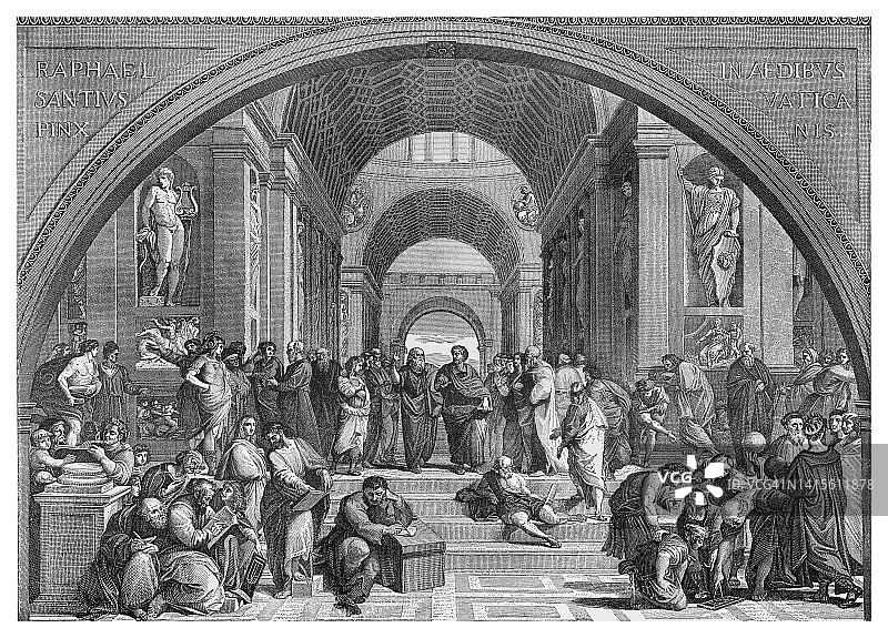 雅典学院的古老雕刻插图，柏拉图 - 出生于古希腊古典时期的希腊哲学家图片素材