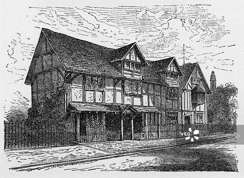 英国沃里克郡斯特拉特福威廉·莎士比亚故居古老版画图片素材