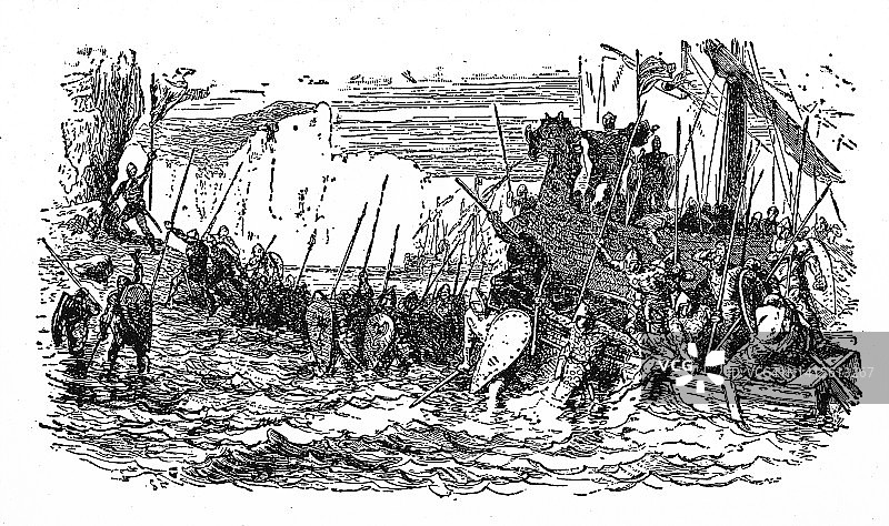 莱夫·埃里克森在文兰海岸的古版画插图图片素材