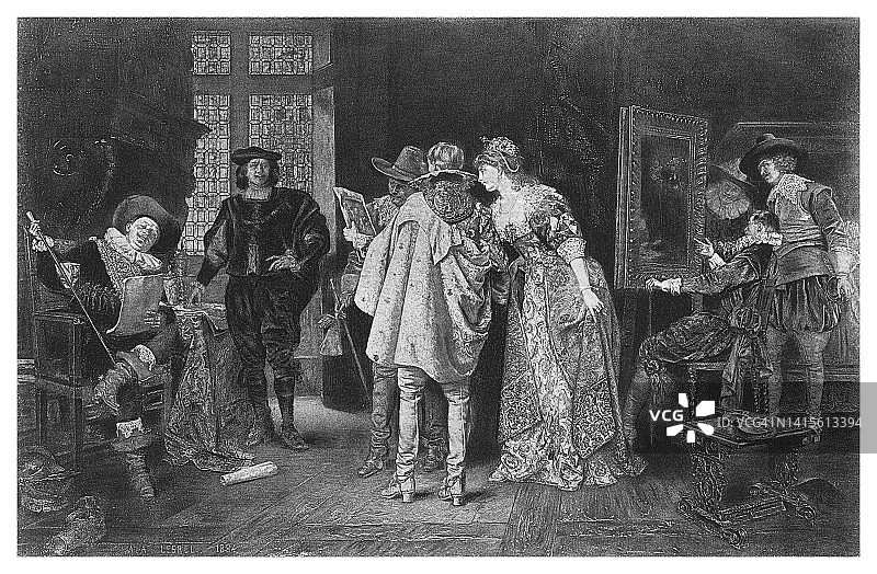 伦勃朗工作室里的鉴赏家古老雕刻插图图片素材