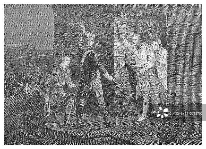 1775年伊桑·艾伦要求提康德罗加堡投降旧版雕刻插画图片素材