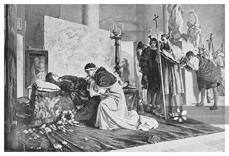 1520年4月，教皇利奥十世在拉斐尔的灵柩旁，哀悼去世的朋友的老式雕刻插图图片素材