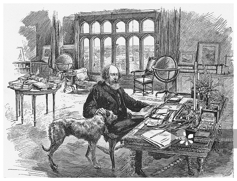 阿尔弗雷德·丁尼生书房古版画图片素材