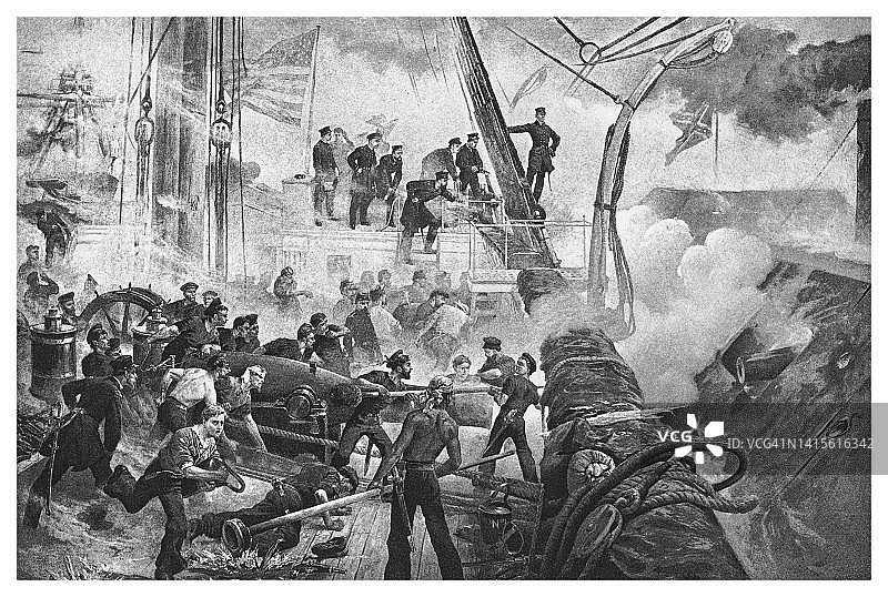 莫比尔湾战役中大卫·格拉斯哥·法拉格特海军上将的古老雕刻插图图片素材