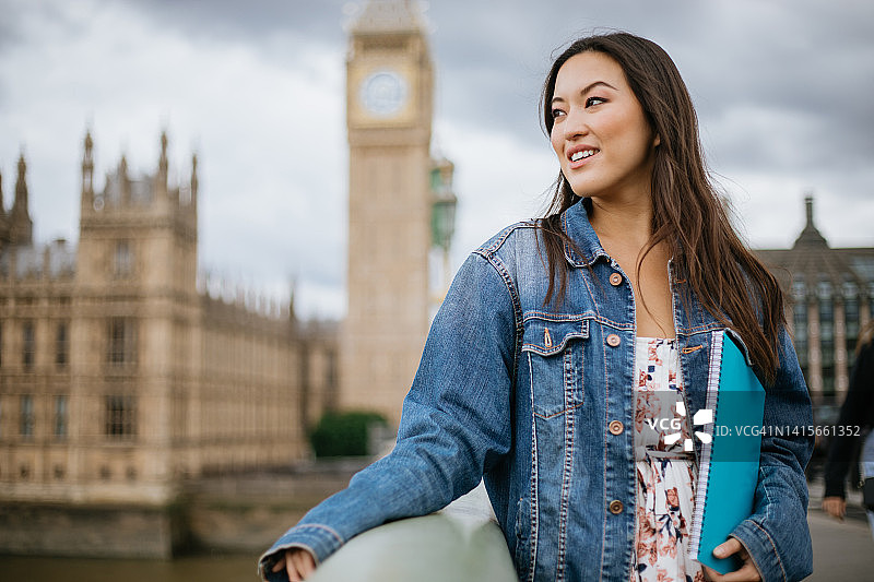 在伦敦的快乐亚洲女学生图片素材