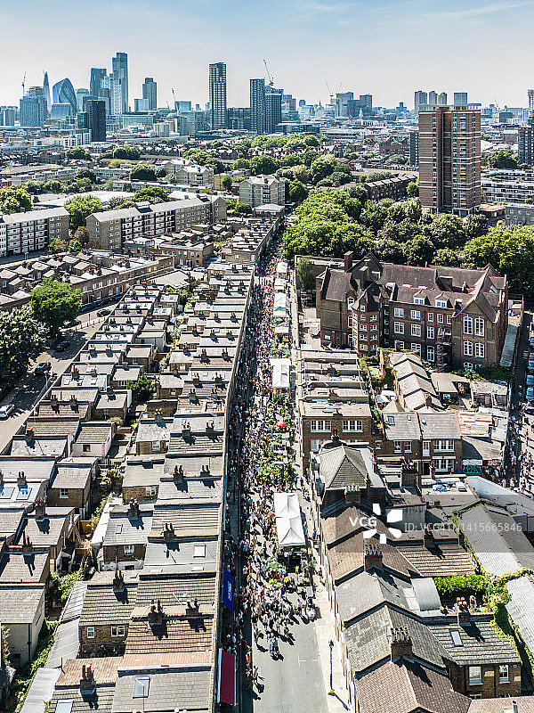 伦敦哥伦比亚路花卉市场无人机视角图片素材