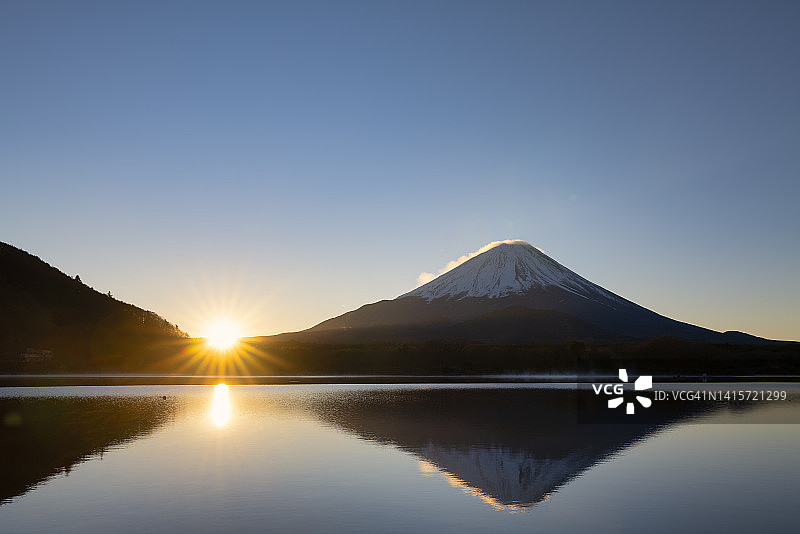 倒映在精进湖上的富士山和日出图片素材