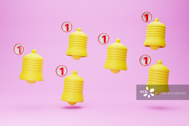 粉色背景上的黄色铃铛通知3D渲染图片素材