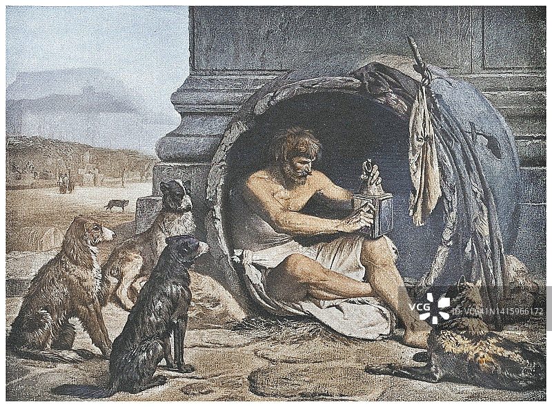 第欧根尼坐在桶中古老雕刻插图图片素材