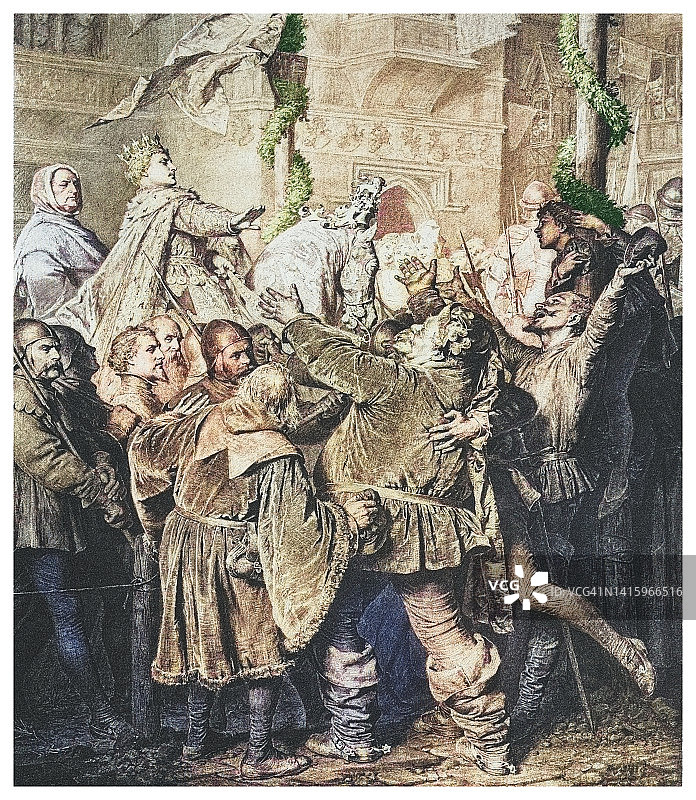 亨利五世拒绝约翰·法斯塔夫爵士（威廉·莎士比亚戏剧中的虚构人物）古版画图片素材